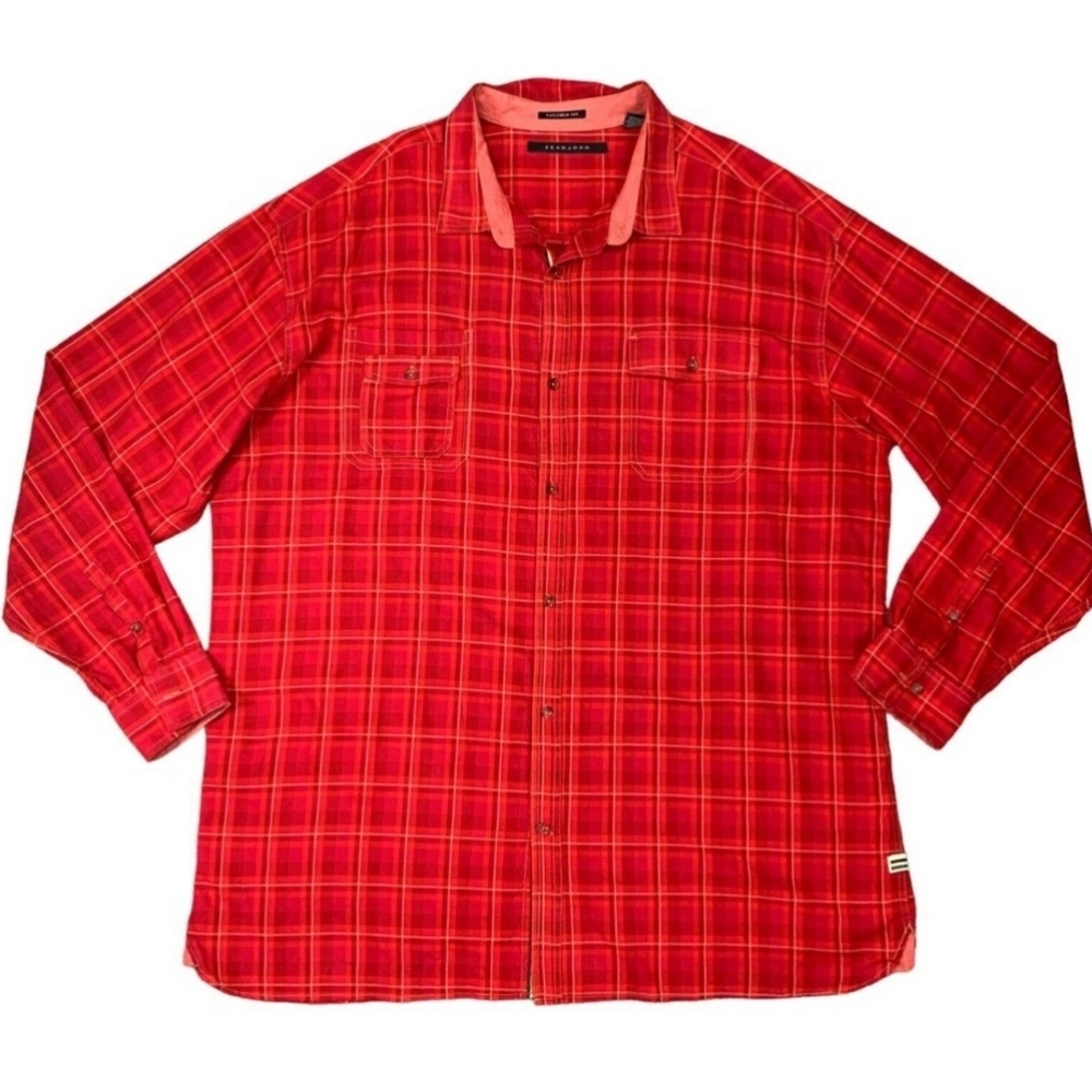 Sean John Shirt Mens 5XLT Tall Plaid Cotton Tailored Fit Long Sleeve Button Up